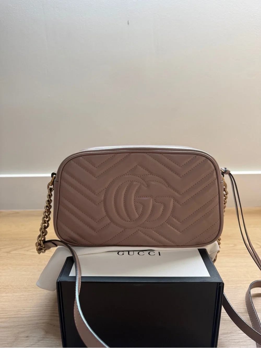 Gucci Quilted Leather GG Marmont Crossbody in Taupe